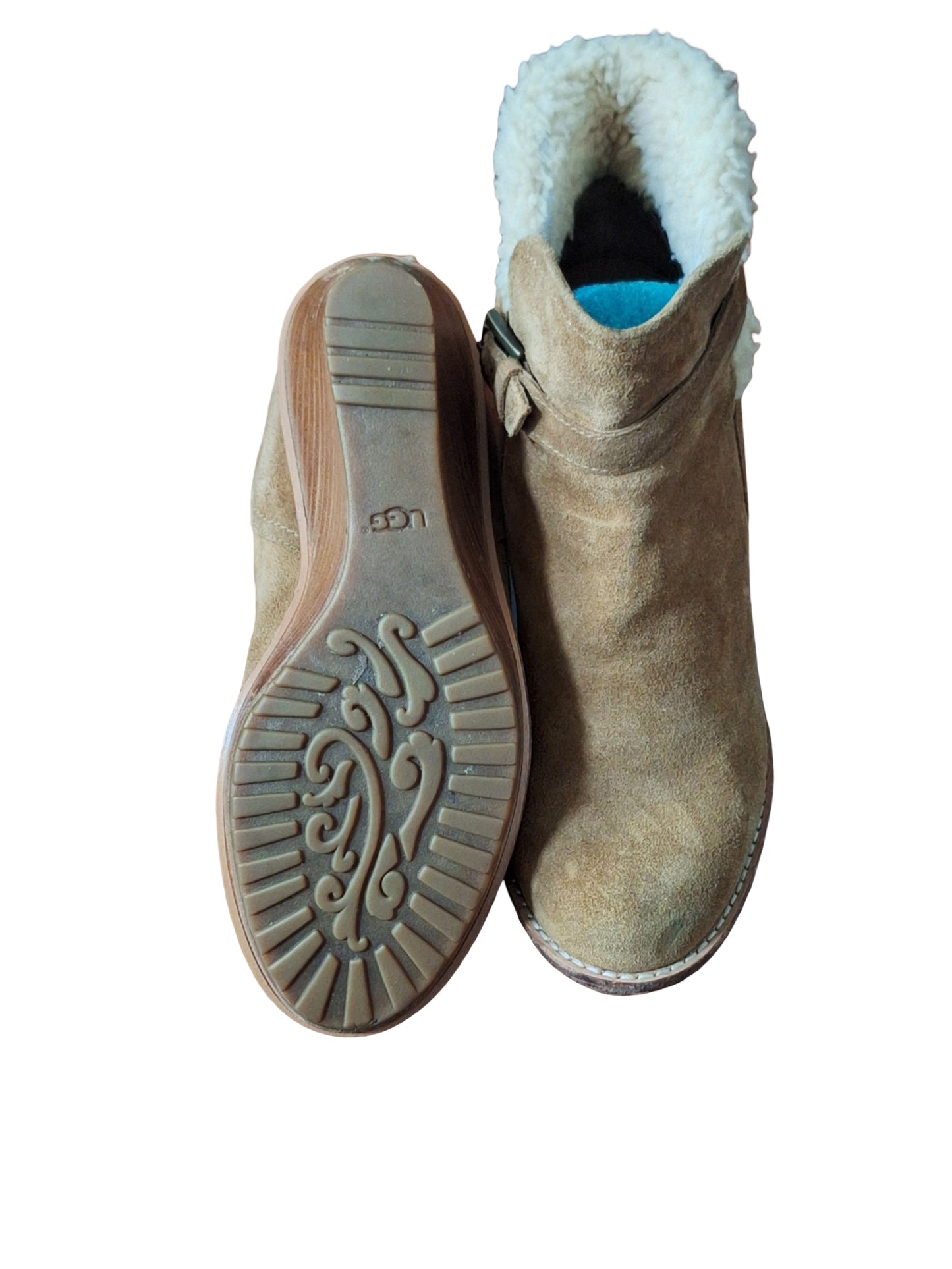 UGG Australia Brown Chestnut Suede Shearling Fur Anais Wedge Bootie US 10 M