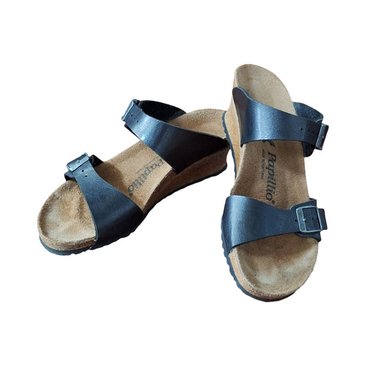Birkenstock Papillio Sz 37 US 6 Black Leather Wedge Sandals