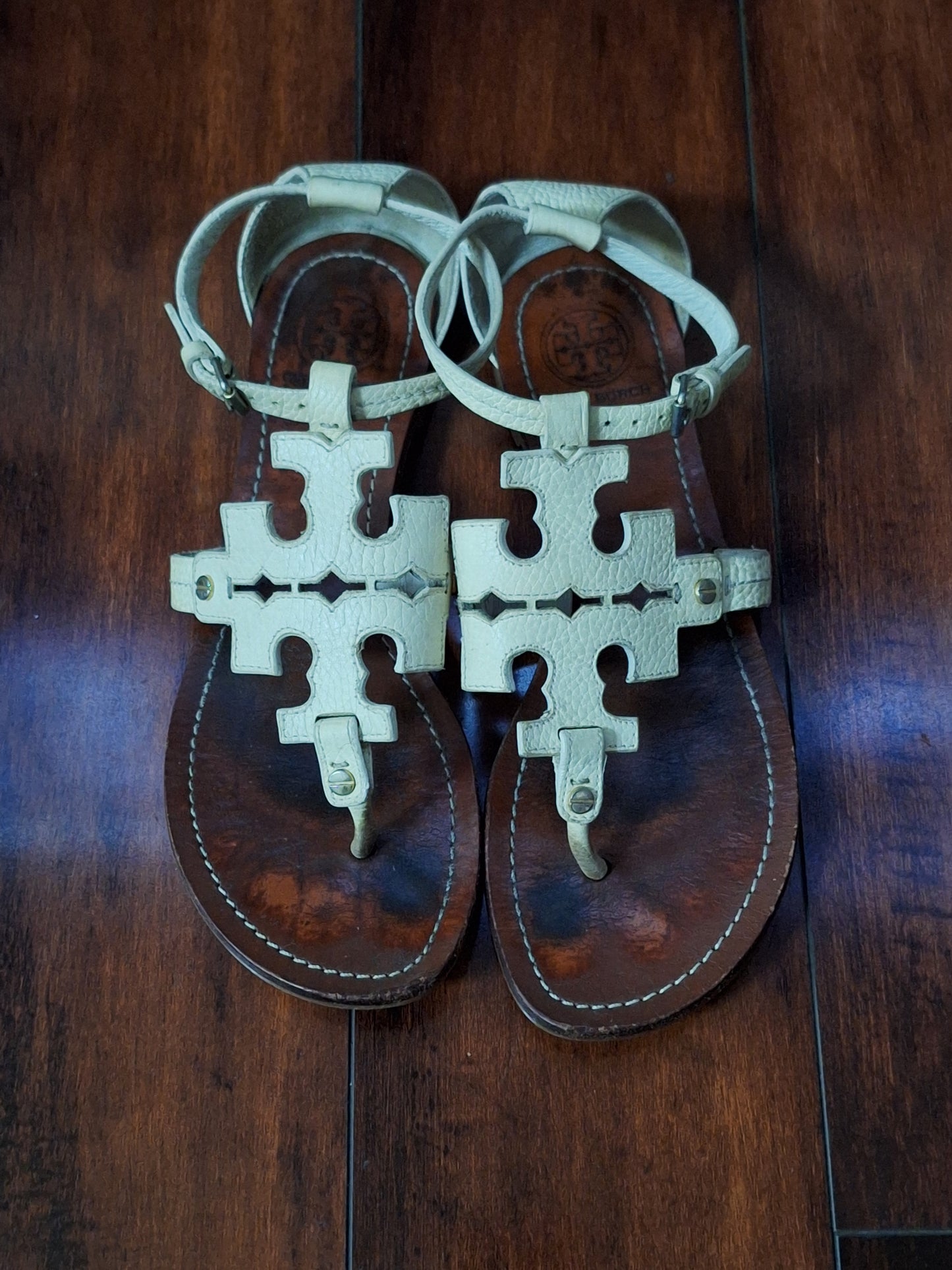 Tory Burch Phoebe Flat Thong Sandals Ivory Tumbled Leather, Size 10.5M