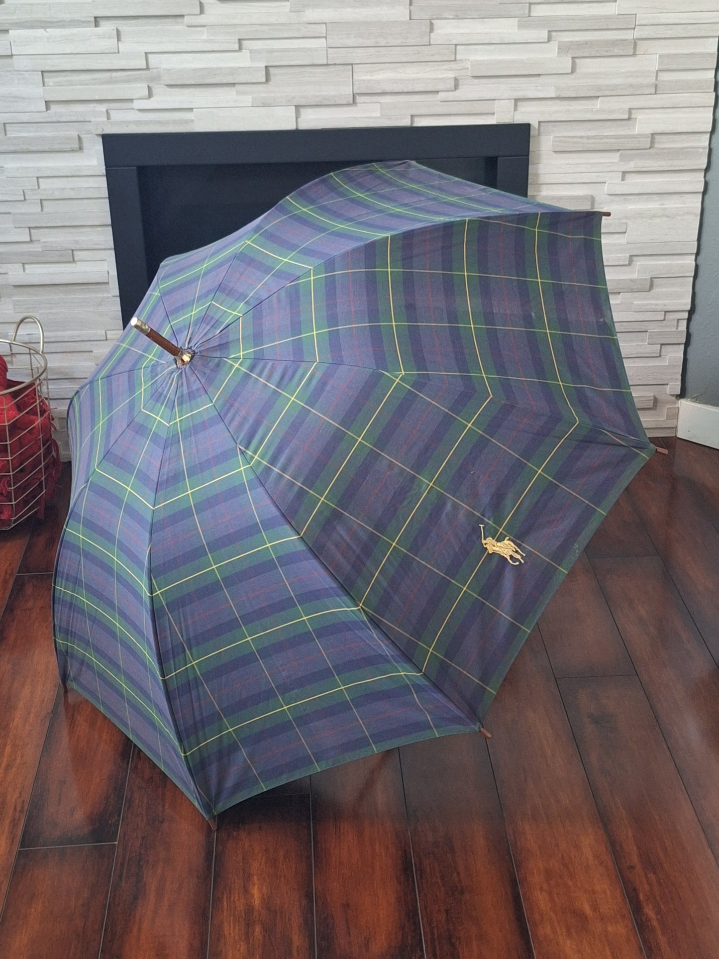 Polo Ralph Lauren 90s Vintage Umbrella with Wood Handle Tartan Green Blue Plaid