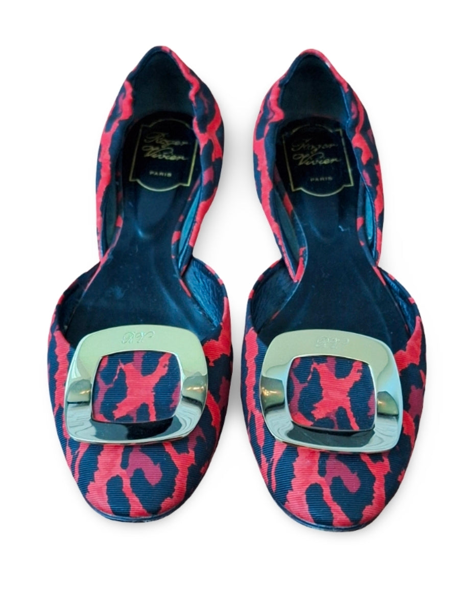 Roger Vivier Trompette D'Orsay Flat Red and black leopard print SZ EU 39 US 8.5