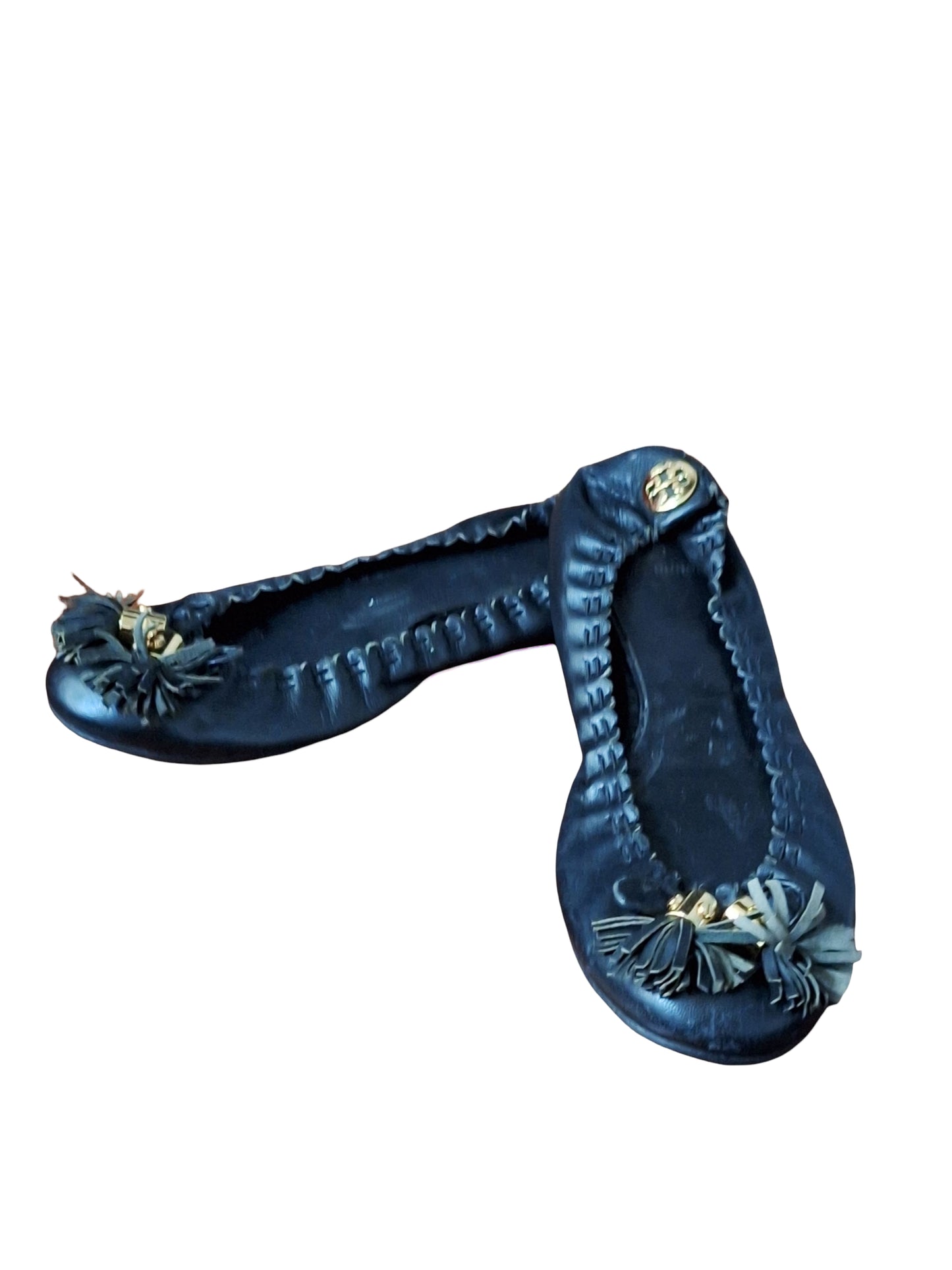 Tory Burch Reese Mestico black leather ballet flat with gold tassel Size 10