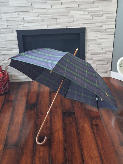 Polo Ralph Lauren 90s Vintage Umbrella with Wood Handle Tartan Green Blue Plaid