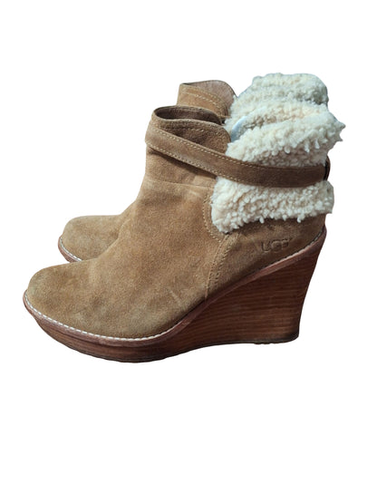 UGG Australia Brown Chestnut Suede Shearling Fur Anais Wedge Bootie US 10 M