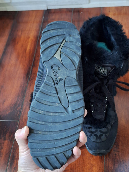 COACH Jennie Rabbit Fur Sig C Jacquard Boots $298 Sz 10.5 Black Insulated Winter
