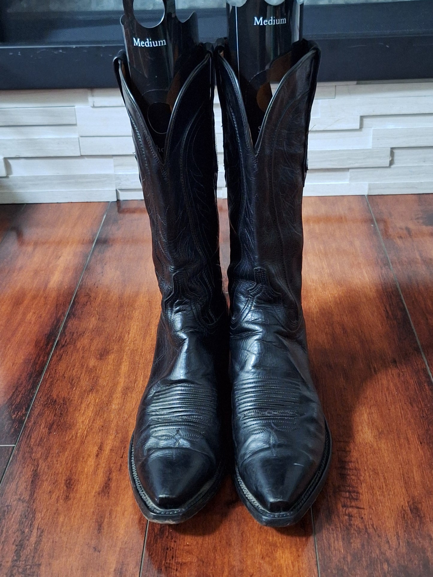 Lucchese 1883 SNIP TOE BLACK Leather Pull On Cowboy Western Boots Size 9.5 B USA