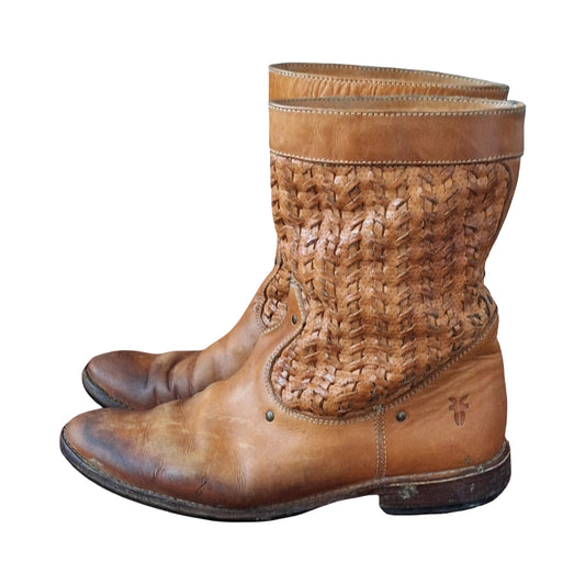 Frye Shirley Woven Huarache short brown leather boots, Size 6