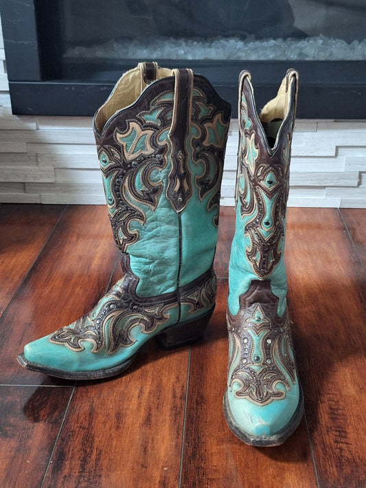 Corral Women's Leather Western Boots Turquoise Embroidered, Size 7