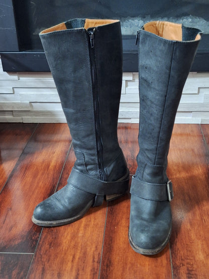 John Fluevog Adriana Luna Tall Buckled Harness Boot Black Leather 854025 size 7