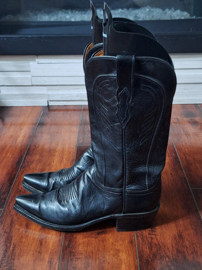 Lucchese 1883 SNIP TOE BLACK Leather Pull On Cowboy Western Boots Size 9.5 B USA