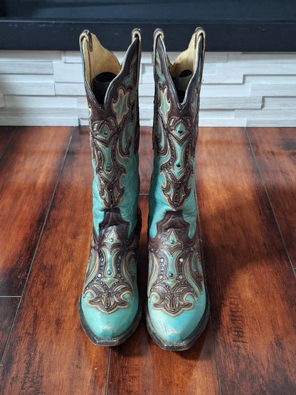 Corral Women's Leather Western Boots Turquoise Embroidered, Size 7