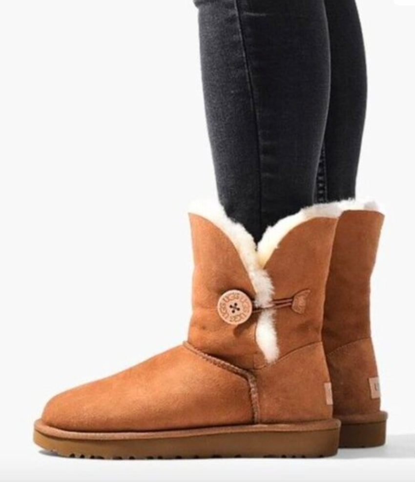 Women UGG Bailey Button II Boot 5803 Color Chestnut Suede Upper Size 7