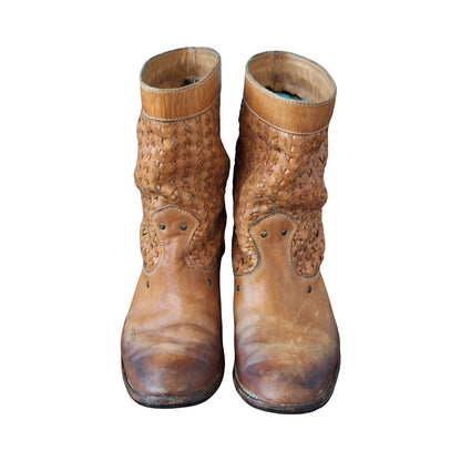 Frye Shirley Woven Huarache short brown leather boots, Size 6