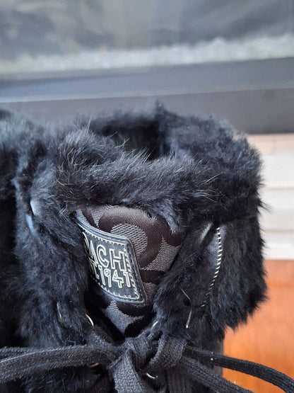 COACH Jennie Rabbit Fur Sig C Jacquard Boots $298 Sz 10.5 Black Insulated Winter