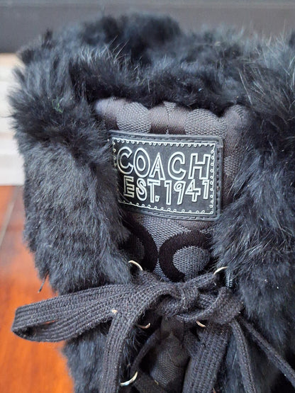 COACH Jennie Rabbit Fur Sig C Jacquard Boots $298 Sz 10.5 Black Insulated Winter
