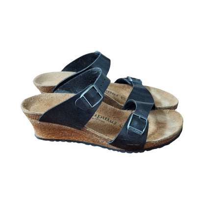 Birkenstock Papillio Sz 37 US 6  Black Leather Wedge Sandals