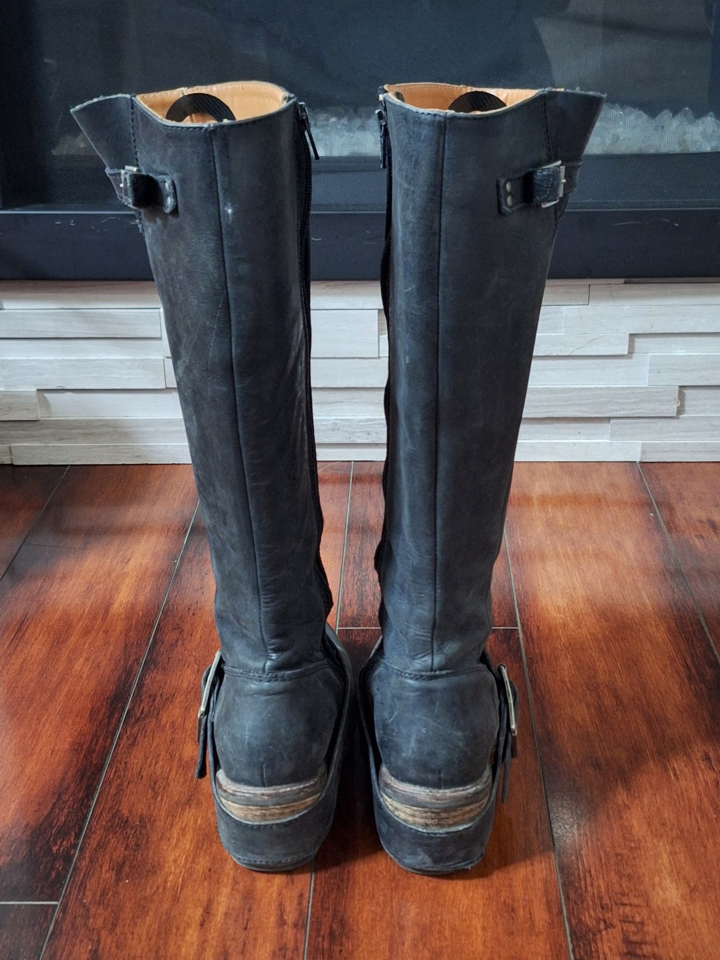 John Fluevog Adriana Luna Tall Buckled Harness Boot Black Leather 854025 size 7