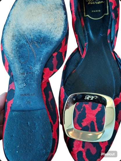 Roger Vivier Trompette D'Orsay Flat Red and black leopard print SZ EU 39 US 8.5