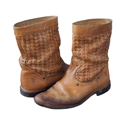 Frye Shirley Woven Huarache short brown leather boots, Size 6