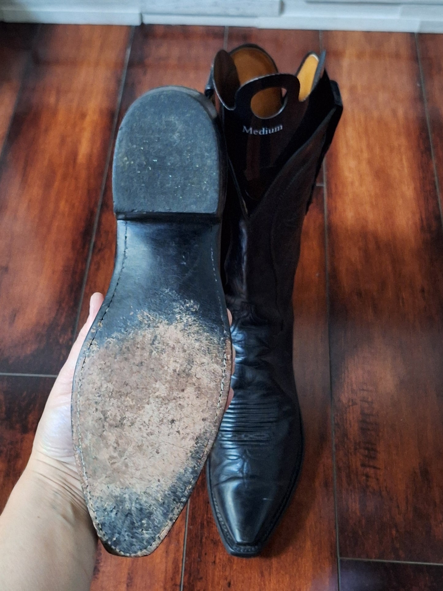 Lucchese 1883 SNIP TOE BLACK Leather Pull On Cowboy Western Boots Size 9.5 B USA