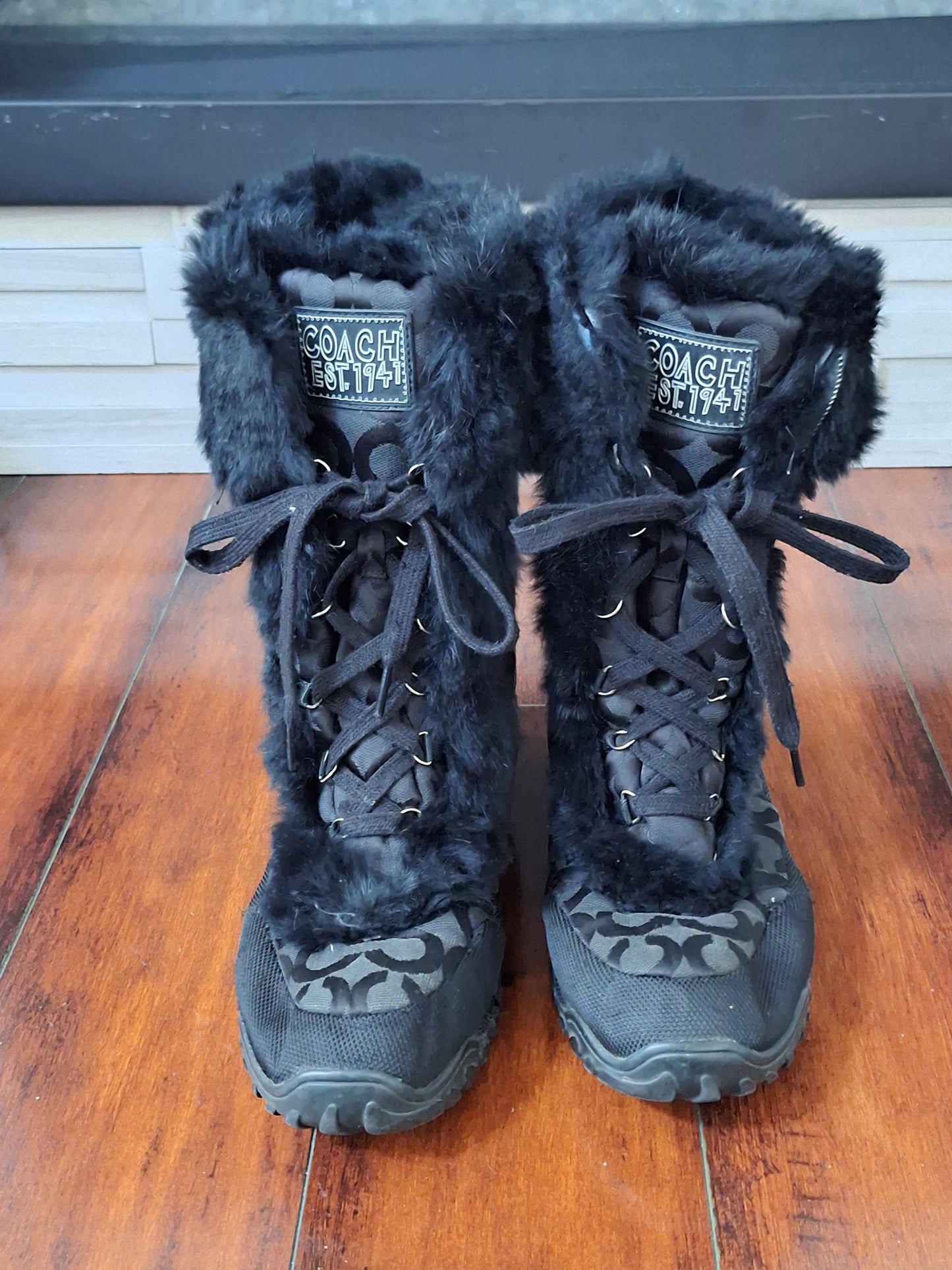 COACH Jennie Rabbit Fur Sig C Jacquard Boots $298 Sz 10.5 Black Insulated Winter