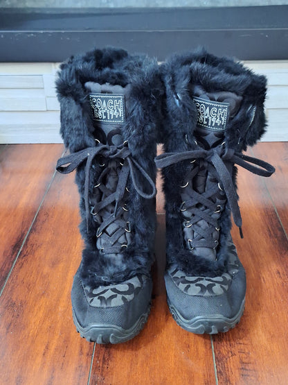 COACH Jennie Rabbit Fur Sig C Jacquard Boots $298 Sz 10.5 Black Insulated Winter