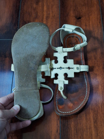 Tory Burch Phoebe Flat Thong Sandals Ivory Tumbled Leather, Size 10.5M