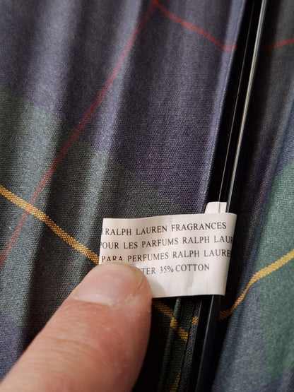 Polo Ralph Lauren 90s Vintage Umbrella with Wood Handle Tartan Green Blue Plaid