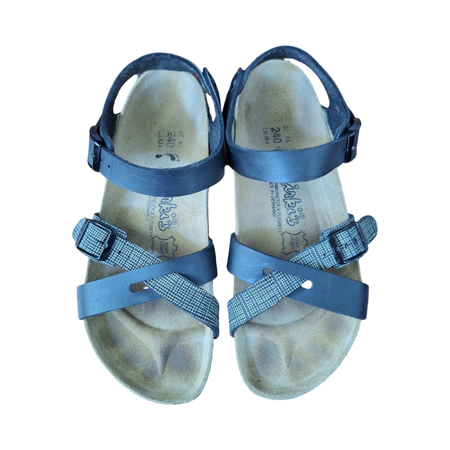 Birki's by Birkenstock Lillie sandals in black with a plaid criss-cross, Size 6