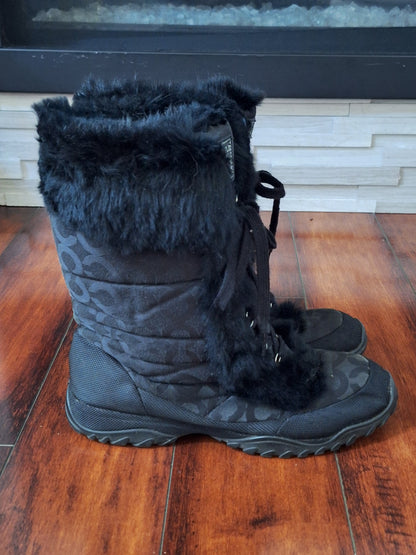 COACH Jennie Rabbit Fur Sig C Jacquard Boots $298 Sz 10.5 Black Insulated Winter