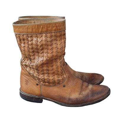 Frye Shirley Woven Huarache short brown leather boots, Size 6