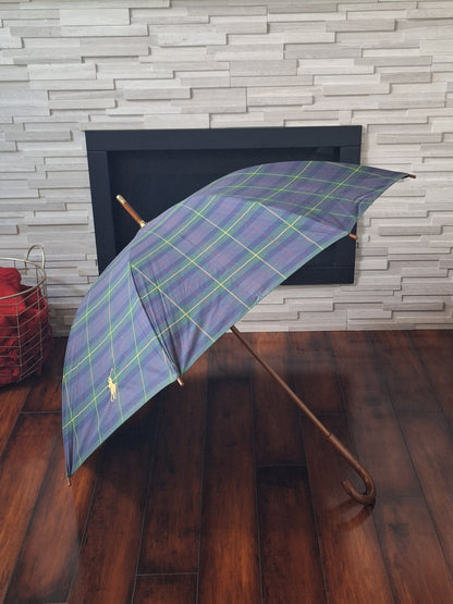 Polo Ralph Lauren 90s Vintage Umbrella with Wood Handle Tartan Green Blue Plaid