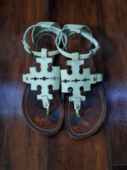 Tory Burch Phoebe Flat Thong Sandals Ivory Tumbled Leather, Size 10.5M