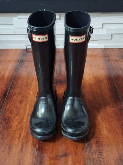 Hunter Kids Black Glossy Original Tall Rain Boots Wellies US Girls 2 / Boys 1