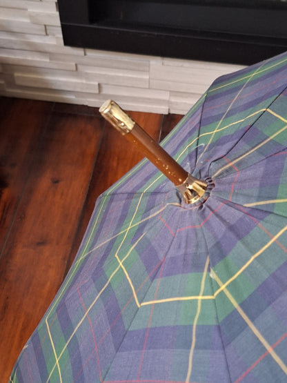 Polo Ralph Lauren 90s Vintage Umbrella with Wood Handle Tartan Green Blue Plaid