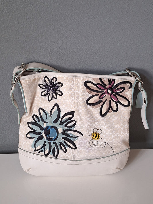 Vintage COACH White Floral Bee Duffle Crossbody Shoulder Bag F10871