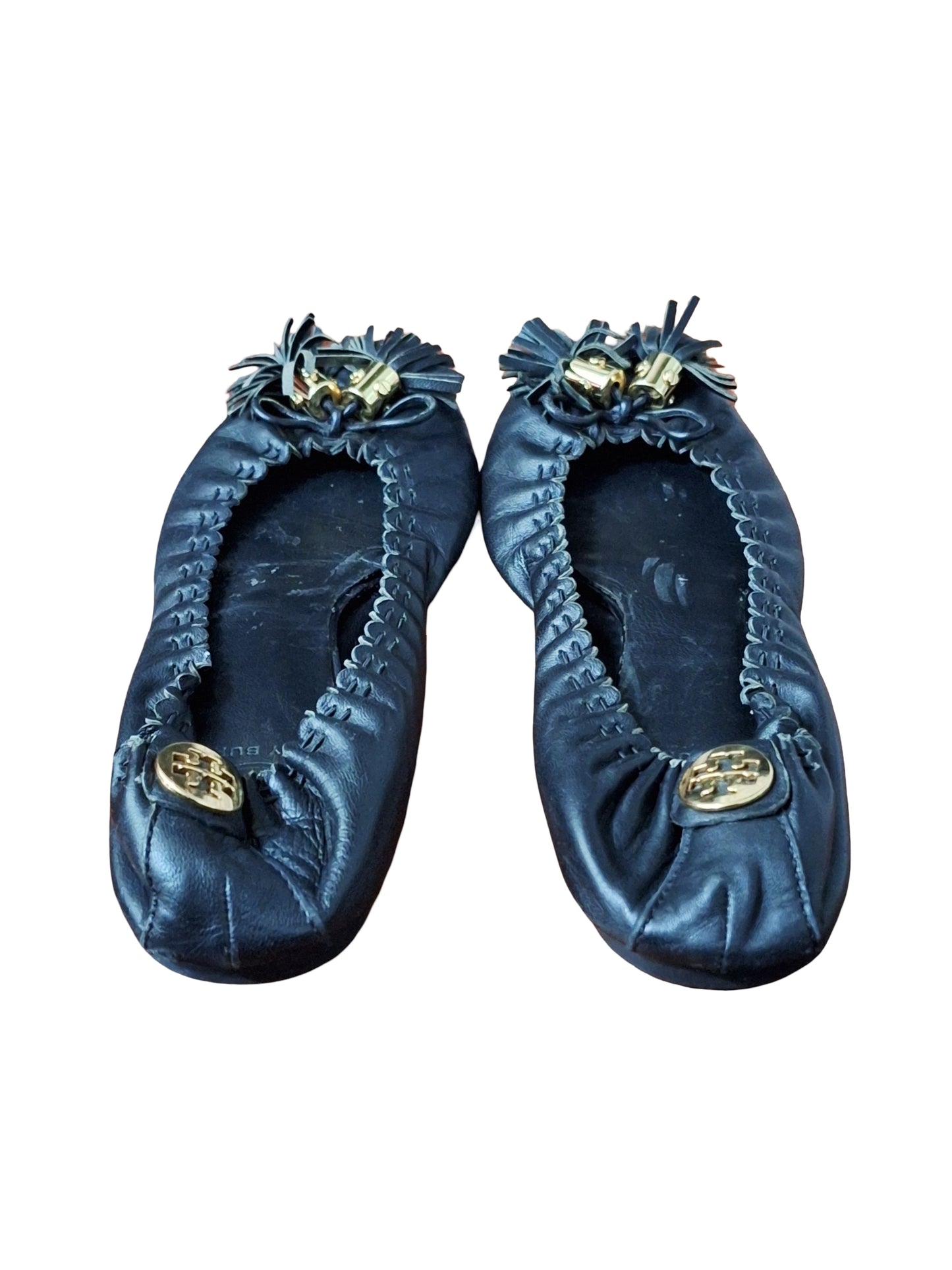 Tory Burch Reese Mestico black leather ballet flat with gold tassel Size 10