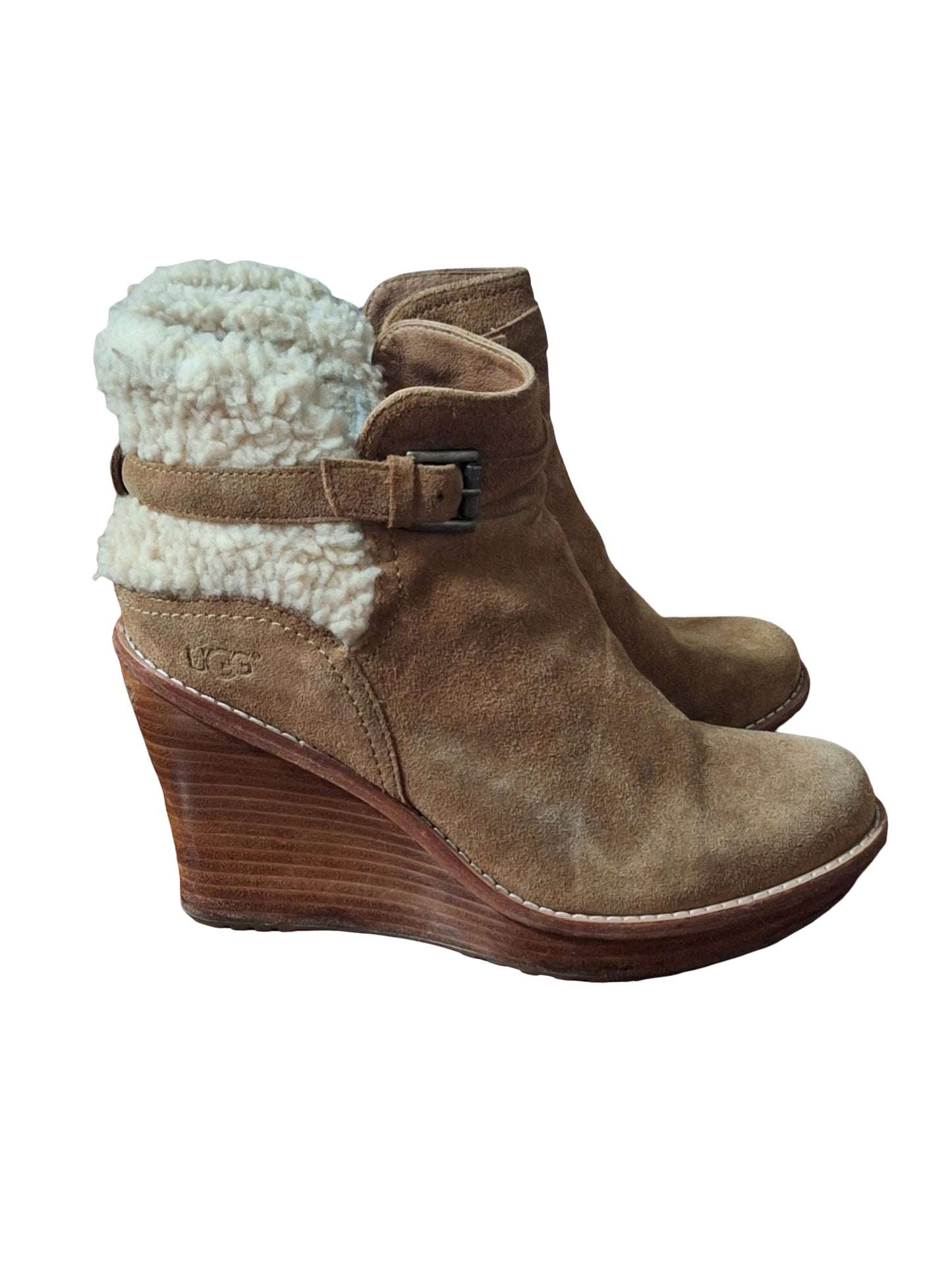 UGG Australia Brown Chestnut Suede Shearling Fur Anais Wedge Bootie US 10 M