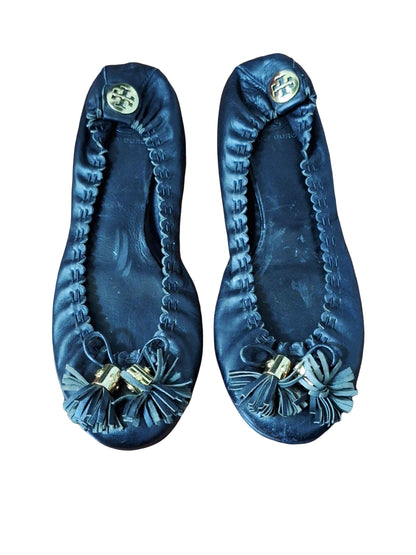Tory Burch Reese Mestico black leather ballet flat with gold tassel Size 10
