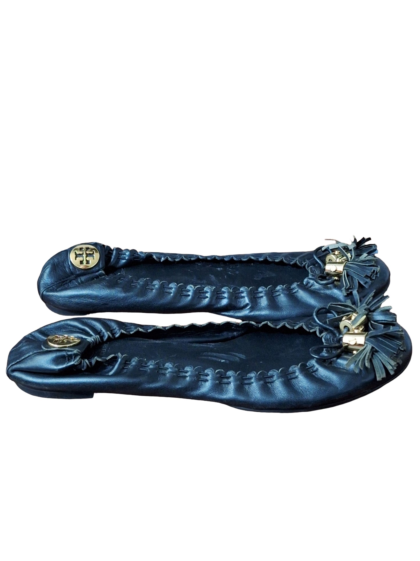 Tory Burch Reese Mestico black leather ballet flat with gold tassel Size 10