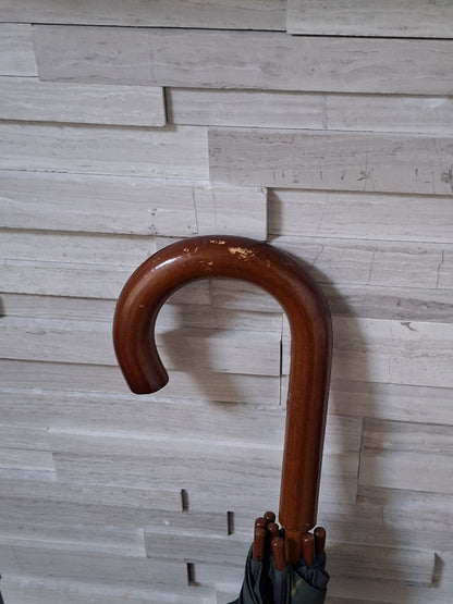 Polo Ralph Lauren 90s Vintage Umbrella with Wood Handle Tartan Green Blue Plaid