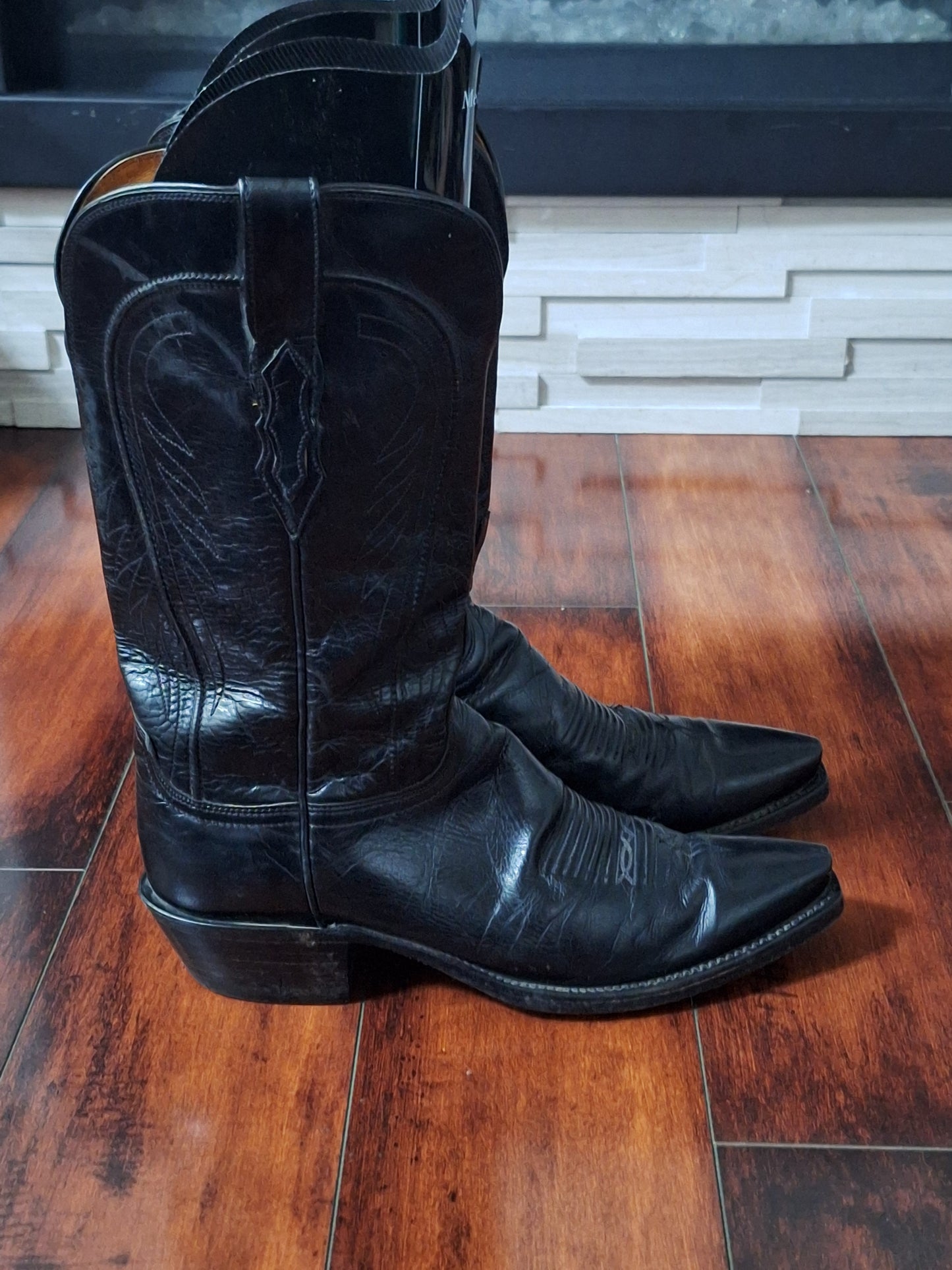 Lucchese 1883 SNIP TOE BLACK Leather Pull On Cowboy Western Boots Size 9.5 B USA