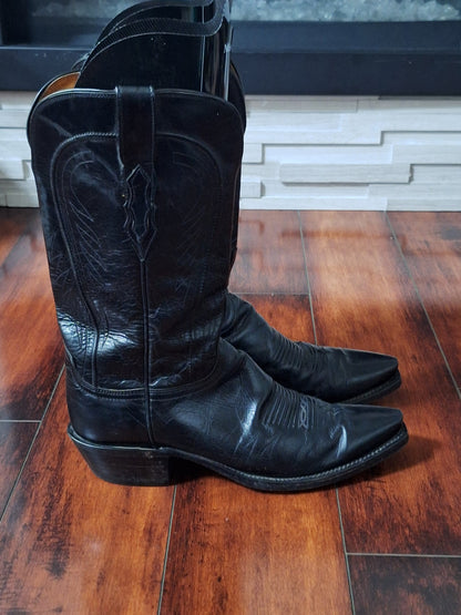 Lucchese 1883 SNIP TOE BLACK Leather Pull On Cowboy Western Boots Size 9.5 B USA