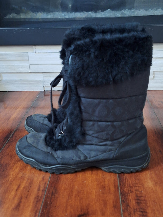 COACH Jennie Rabbit Fur Sig C Jacquard Boots $298 Sz 10.5 Black Insulated Winter