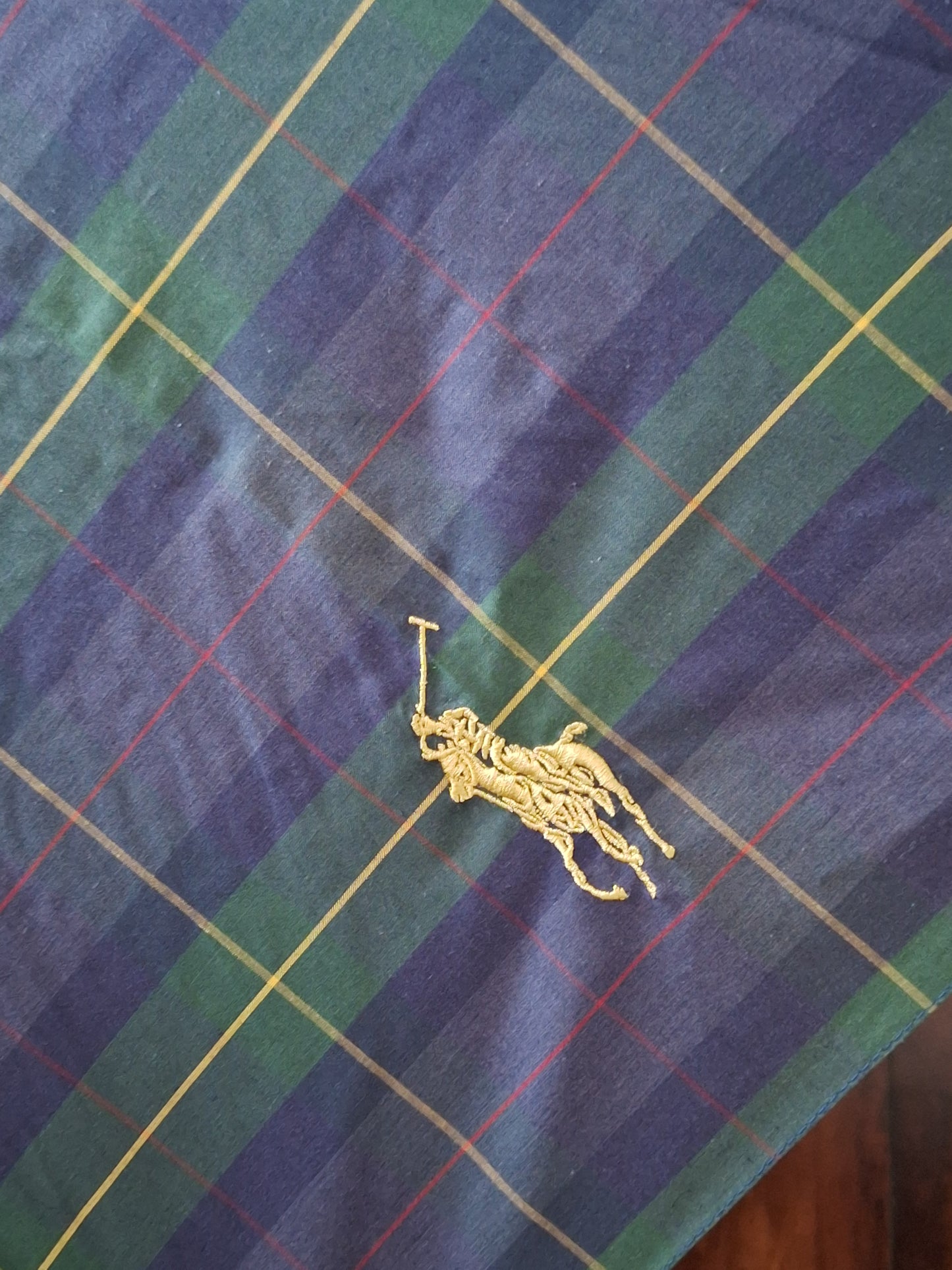 Polo Ralph Lauren 90s Vintage Umbrella with Wood Handle Tartan Green Blue Plaid