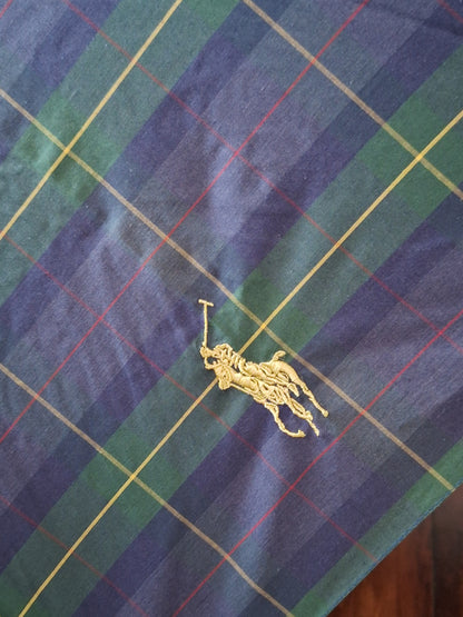 Polo Ralph Lauren 90s Vintage Umbrella with Wood Handle Tartan Green Blue Plaid