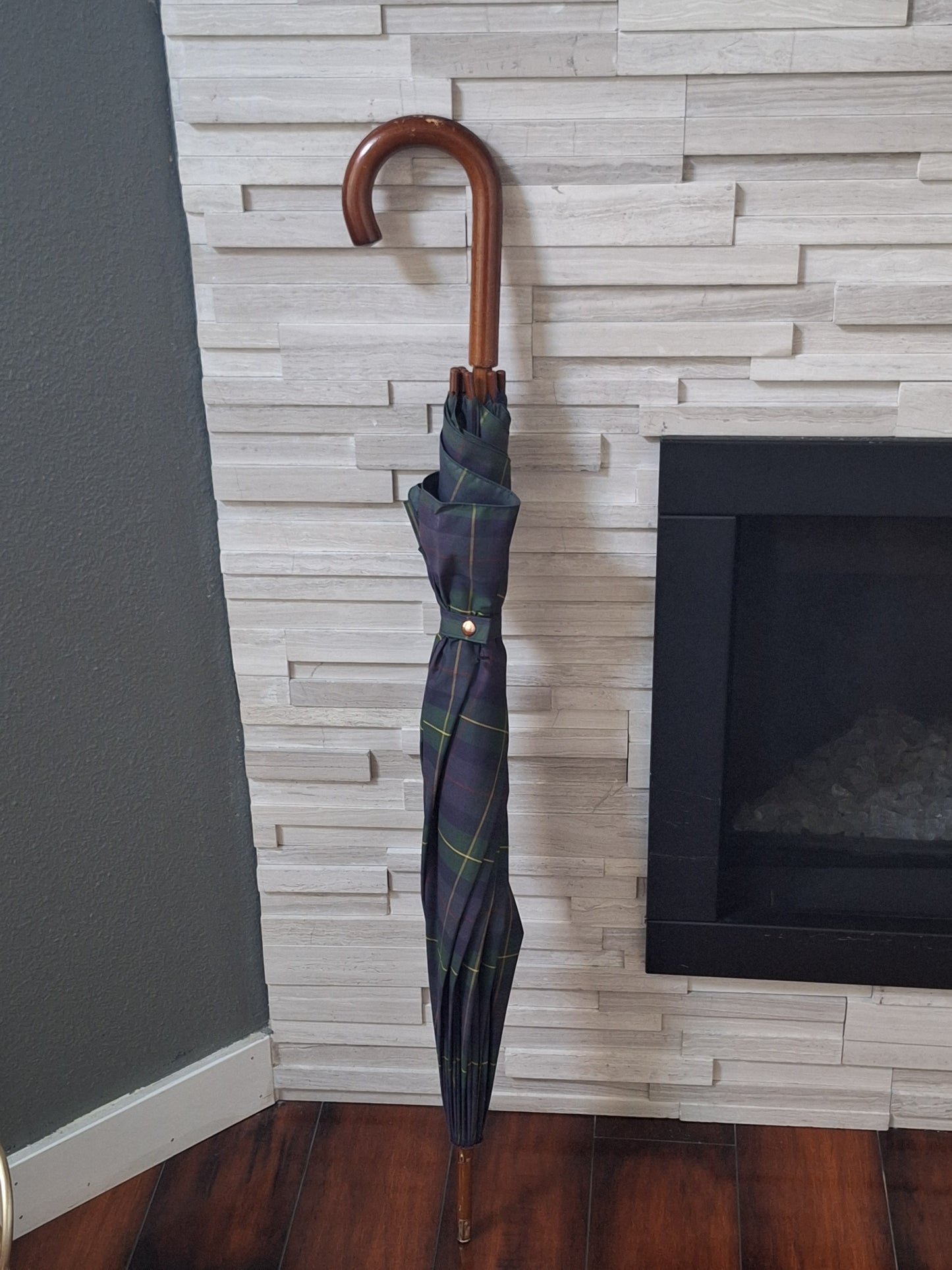 Polo Ralph Lauren 90s Vintage Umbrella with Wood Handle Tartan Green Blue Plaid