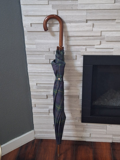 Polo Ralph Lauren 90s Vintage Umbrella with Wood Handle Tartan Green Blue Plaid