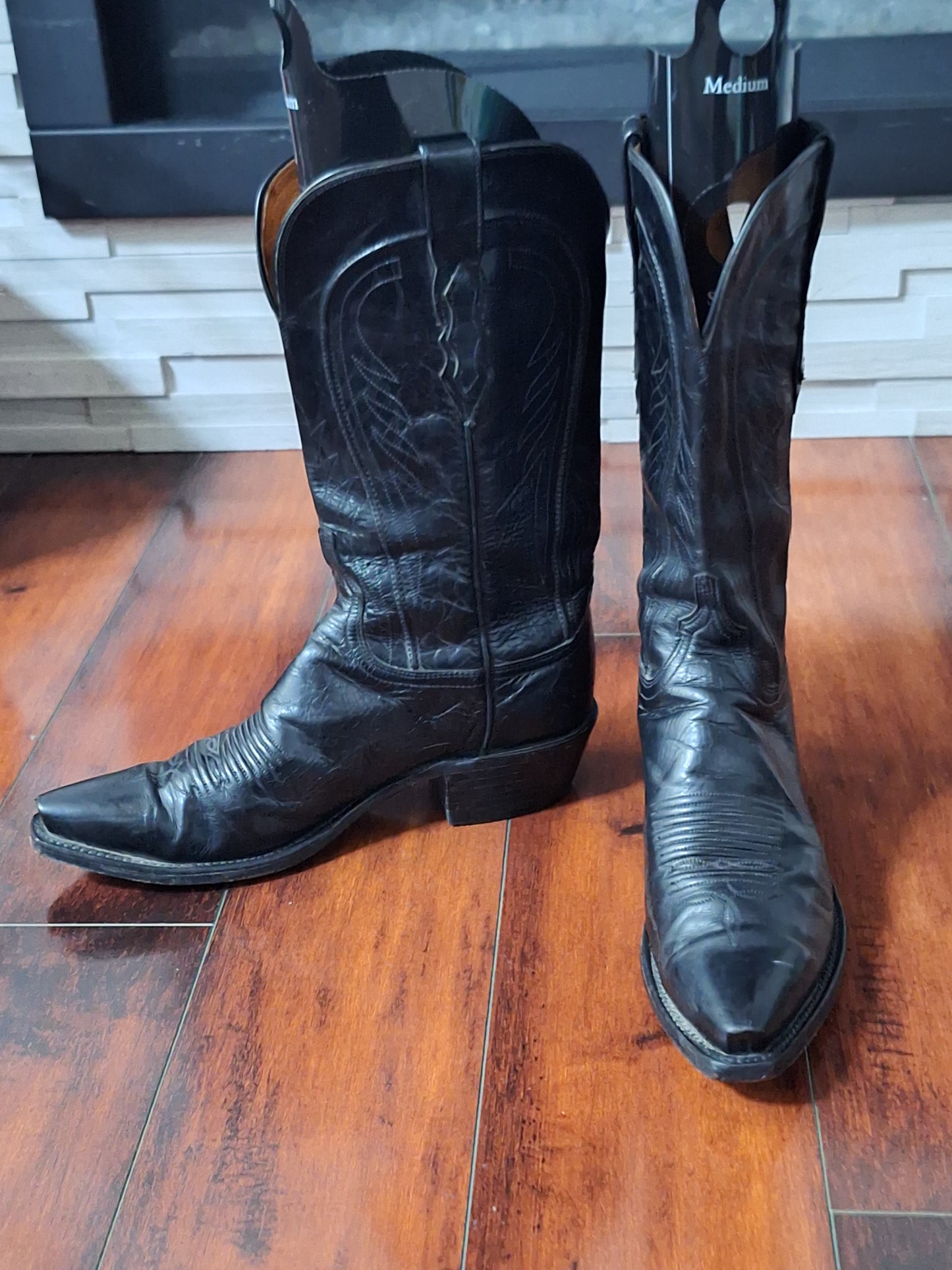 Lucchese 1883 SNIP TOE BLACK Leather Pull On Cowboy Western Boots Size 9.5 B USA