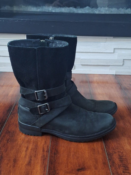 UGG Lorna Black Waterproof Leather Boot Fur Lined US 8 EU 39